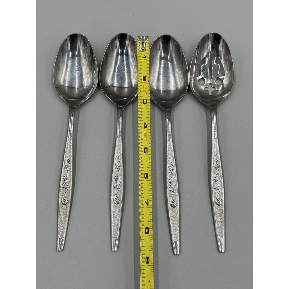 Carlton Slotted Serving Spoons Lot Of 4 Woodcrest Carved Leaf Stainless Japan